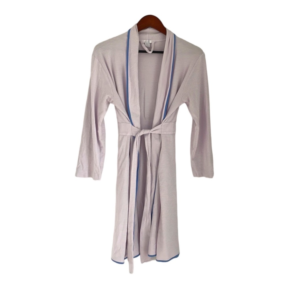 Lake Robe Women’s Sz Small Pima Cotton Purple White Stripes Pockets Belted